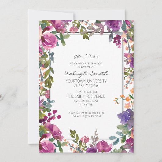 Invitation Jardin Purple Aquarelle Florale Blanc Grad Party (Devant)