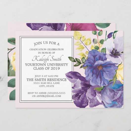 Invitation Jardin Purple Jaune Rose Floral Grad Party (Devant / Derrière)