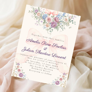 Invitation Jardin Rococo Élégant avec Nœud Ruban Rose Mariage