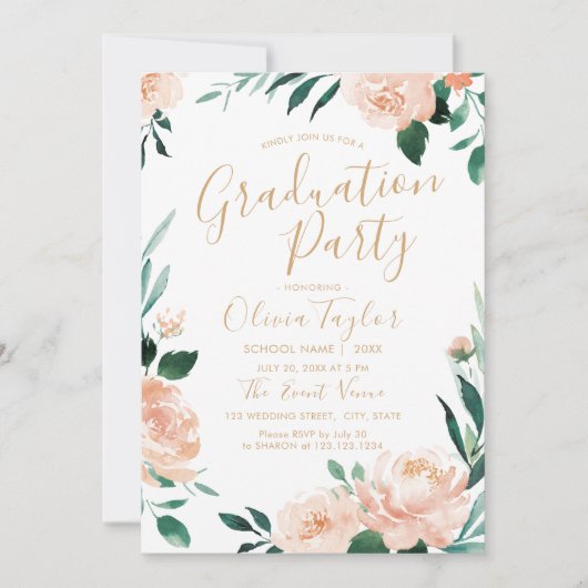 Invitation Jardin romantique aquarelle fête de graduation flo (Devant)