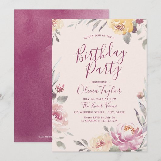 Invitation Jardin romantique aquarelle fleurie fête d'anniver (Devant / Derrière)