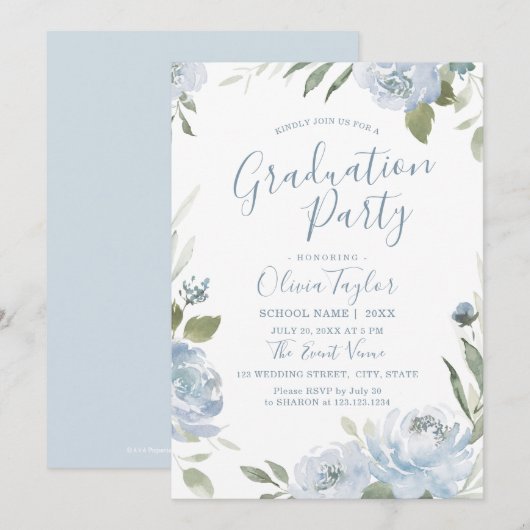 Invitation Jardin romantique bleu poussiéreux fête de graduat (Devant / Derrière)