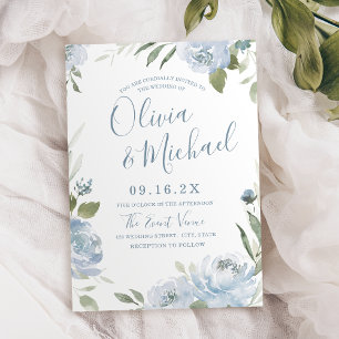 Invitation Jardin romantique mariage floral bleu poussiéreux