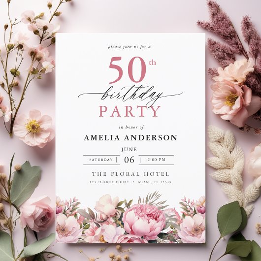 Invitation Jardin rose Calligraphie florale 50e anniversaire