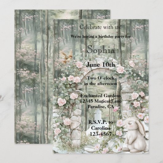 Invitation Jardin rose enchanté Lapin Jardin Anniversaire (Devant / Derrière)
