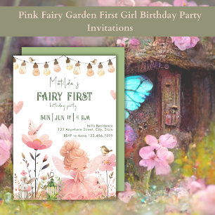 Invitation Jardin rose Fée Première Fille Fête Anniversaire