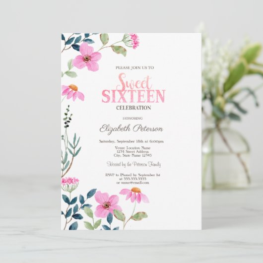 Invitation Jardin rose Fleurs Douce 16 (Debout devant)