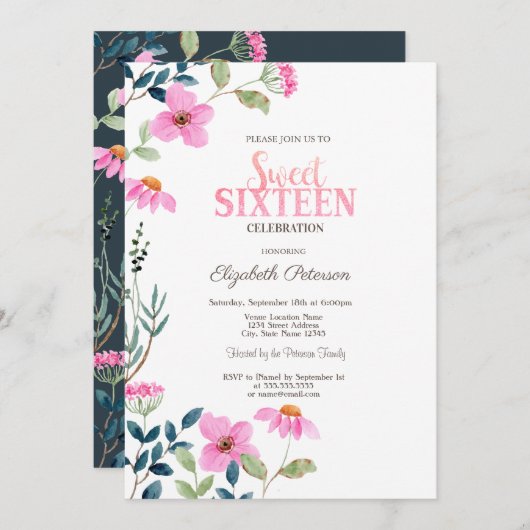 Invitation Jardin rose Fleurs Douce 16 (Devant / Derrière)