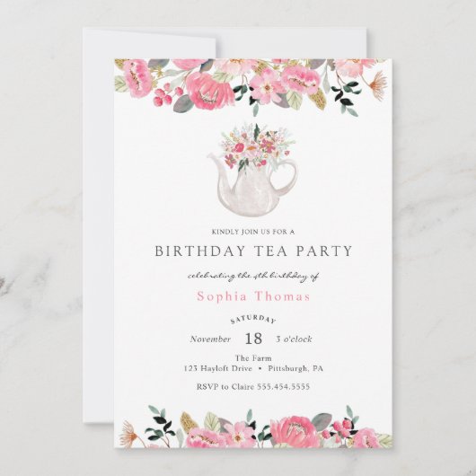 Invitation Jardin rose Floral Anniversaire Tea Party (Devant)