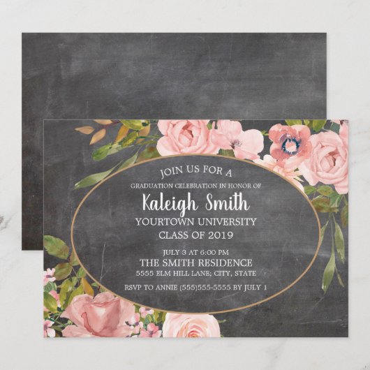 Invitation Jardin Rose Floral Chalkboard Grad Party (Devant / Derrière)