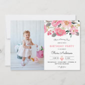 Invitation Jardin rose floral fille photo Anniversaire (Devant)