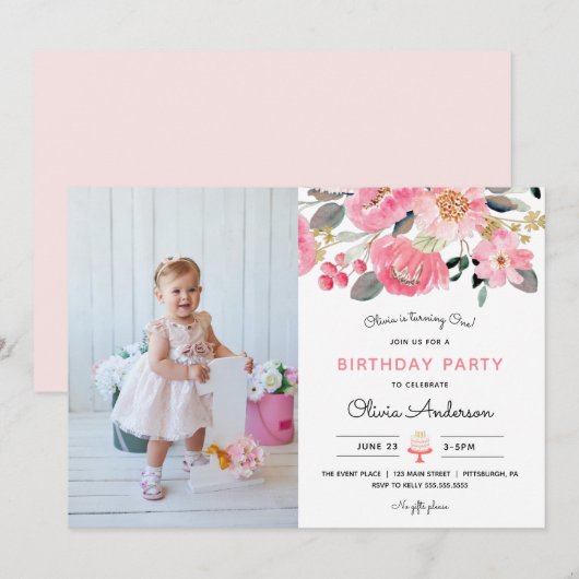 Invitation Jardin rose floral fille photo Anniversaire (Devant / Derrière)
