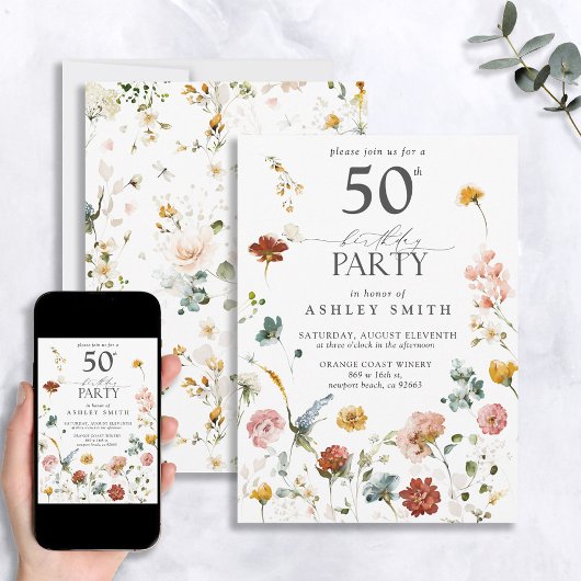 Invitation Jardin rose Galligraphie florale 50e anniversaire