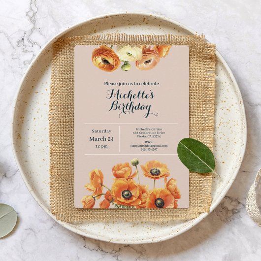 Invitation Jardin rose Orange Floral Tout âge Anniversaire Fê