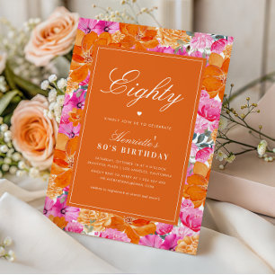 Invitation Jardin rose orange vibre 80e fête d'anniversaire