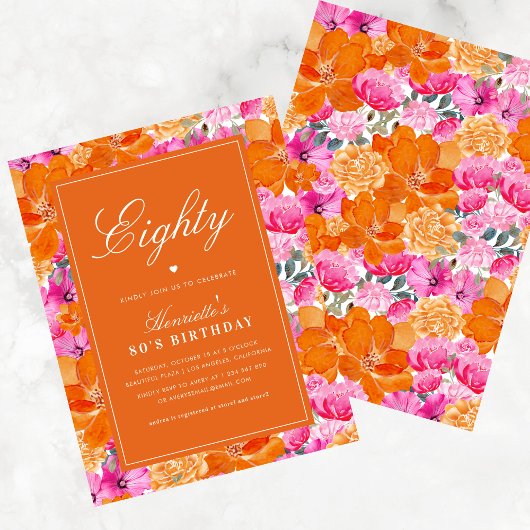 Invitation Jardin rose orange vibre 80e fête d'anniversaire