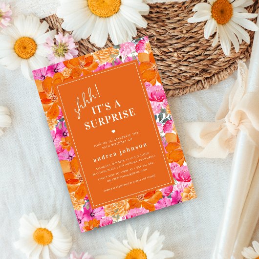 Invitation Jardin rose orange vibre Surprise fête d'anniversa