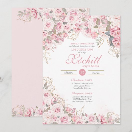 Invitation Jardin Rose rose vif Fleur Quinceanera (Devant / Derrière)