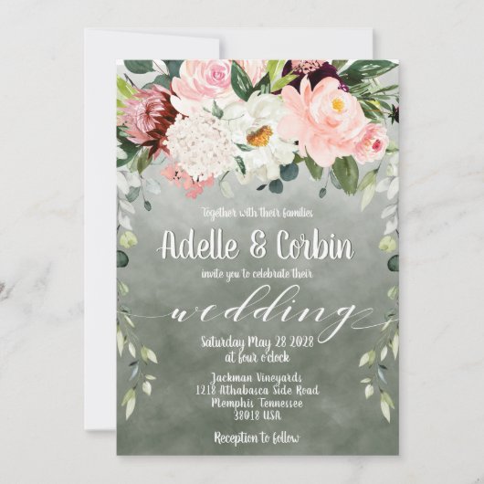 Invitation Jardin rose vif Sage Vert Blanc Police Mariage (Devant)