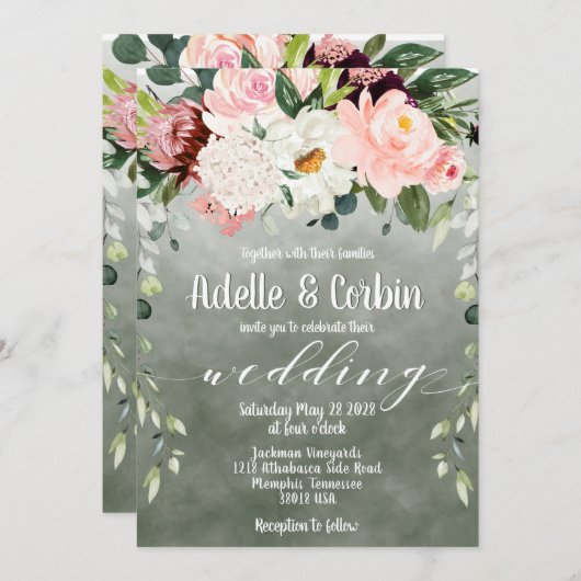 Invitation Jardin rose vif Sage Vert Blanc Police Mariage (Devant / Derrière)