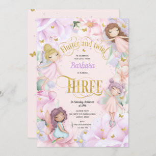 Invitation Jardin rose violet enchanté fée, 3ème anniversaire