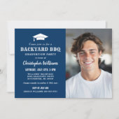 Invitation Jardin Rustic Navy BBQ Photo Graduation Party (Devant)