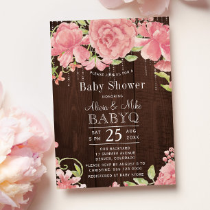Invitation Jardin rustique baby shower barbecue bois rose fle