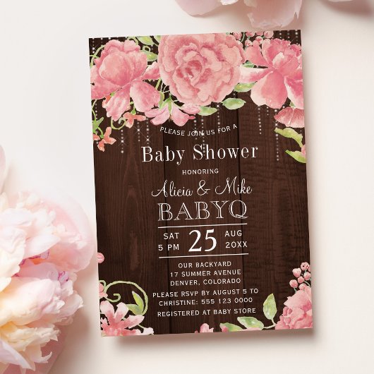 Invitation Jardin rustique baby shower barbecue bois rose fle