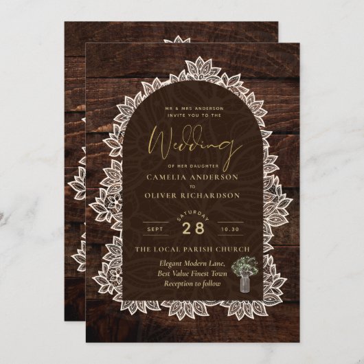 Invitation Jardin rustique Bois Mariage Dentelle en bois (Devant / Derrière)