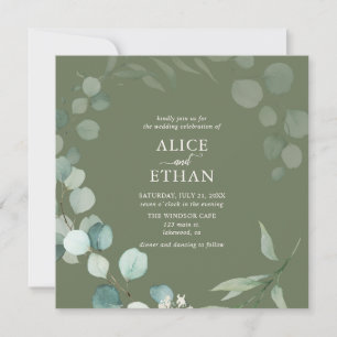 Invitation Jardin Rustique Eucalyptus Calligraphié Vert Sauge