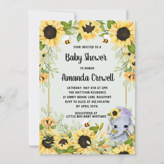 Invitation Jardin Sunflowers Elephant Boy Baby shower (Devant)