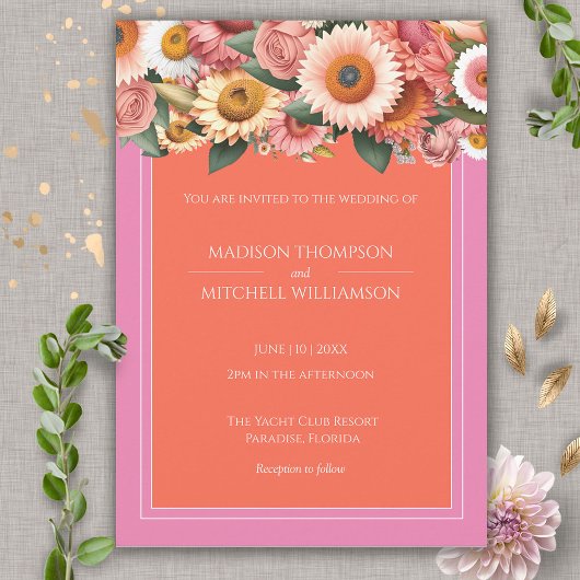 Invitation Jardin Sunrise rose Orange moderne Mariage Floral