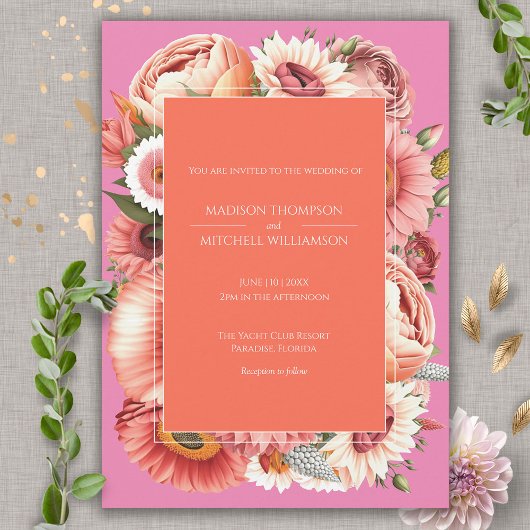 Invitation Jardin Sunrise rose Orange moderne Mariage Floral