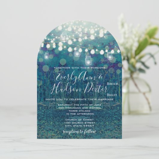 Invitation Jardin Turquoise bleu de Fairy Lights Mariage de l (Debout devant)