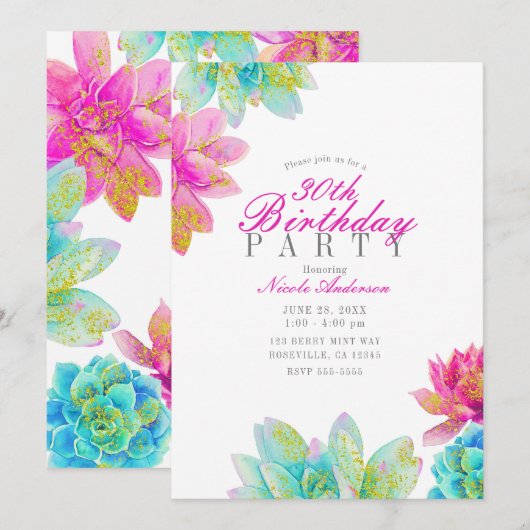 Invitation Jardin Turquoise rose vif Succulents Anniversaire (Devant / Derrière)