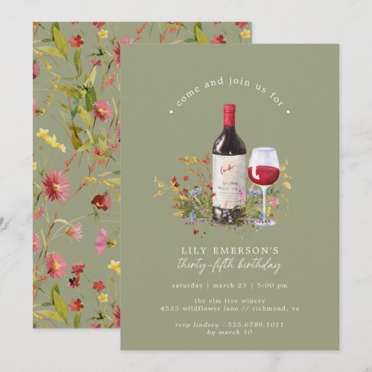 Invitation Jardin vert Sage | Dégustation de vin Adulte Anniv (Devant / Derrière)