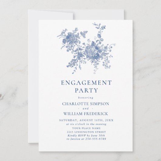 Invitation Jardin victorien Bleu Français ENGAGEMENT PARTY (Devant)