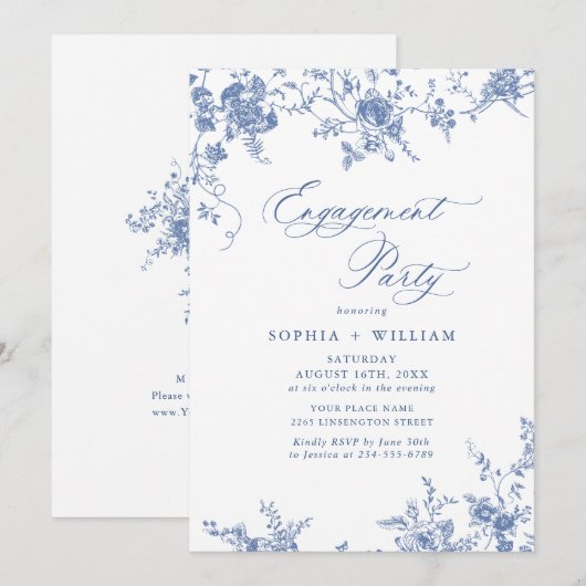 Invitation Jardin victorien Bleu Français ENGAGEMENT PARTY (Devant / Derrière)