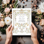 Invitation Jardin vintage | Baby shower élégant et coloré<br><div class="desc">Ces somptueuses et belles invitations à la douche pour bébé sont décorées d'un cadre d'inspiration baroque antique et fantaisiste, orné de fleurs colorées et de feuilles dans des tons subtils de pêche, rose, violet, vert et neutres sur un arrière - plan blanc. Un look de conte de fées qui rappelle...</div>