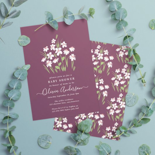 Invitation Jardin violet fleuri élégant baby shower