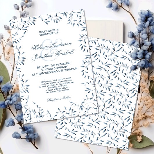 Invitation Jardin Willow Elegant Bleu et Blanc Floral