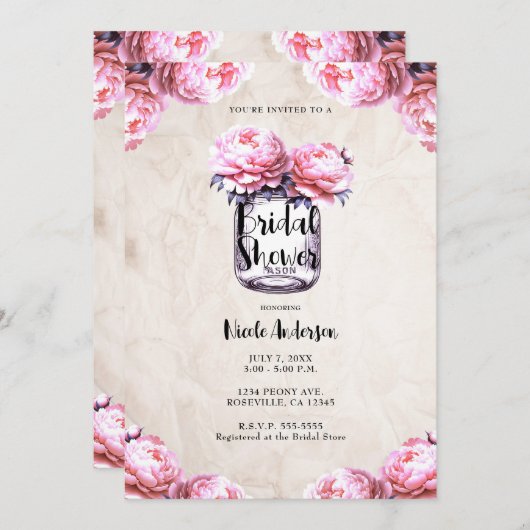 Invitation Jarre de maçon au pivoine rose Mariage champêtre (Devant / Derrière)