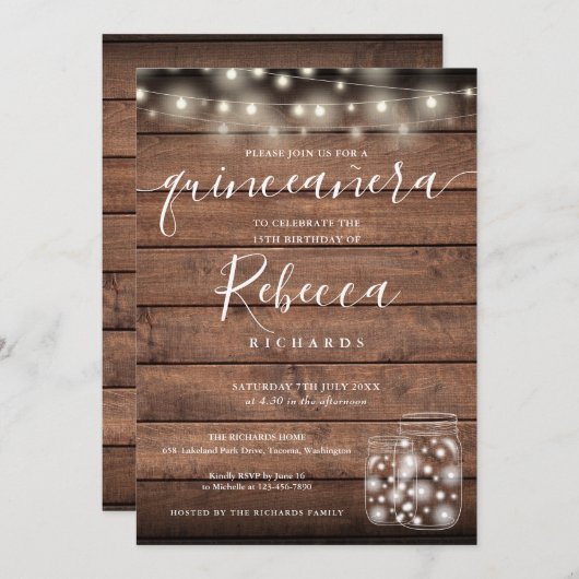 Invitation Jars Mason Jars Script Quinceañera 15e (Devant / Derrière)