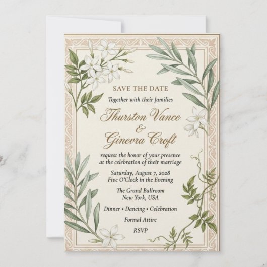 Invitation Jasmin blanc, branches d'olivier, bordure de parch (Devant)