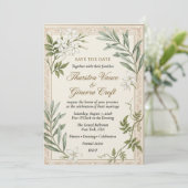 Invitation Jasmin blanc, branches d'olivier, bordure de parch (Debout devant)