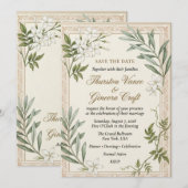 Invitation Jasmin blanc, branches d'olivier, bordure de parch (Devant / Derrière)