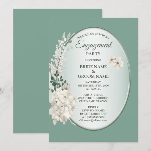 Invitation Jasmine Floral Green Geometric Engagement Party (Devant / Derrière)