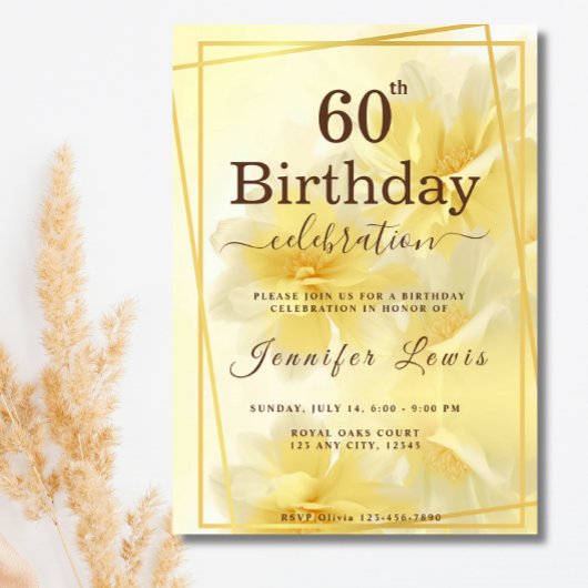 Invitation Jaune 60 Fabuleux fête d'anniversaire florale
