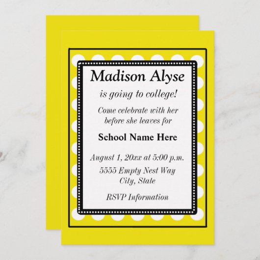 Invitation Jaune avec points blancs fermés à l'Invitation de (Devant / Derrière)