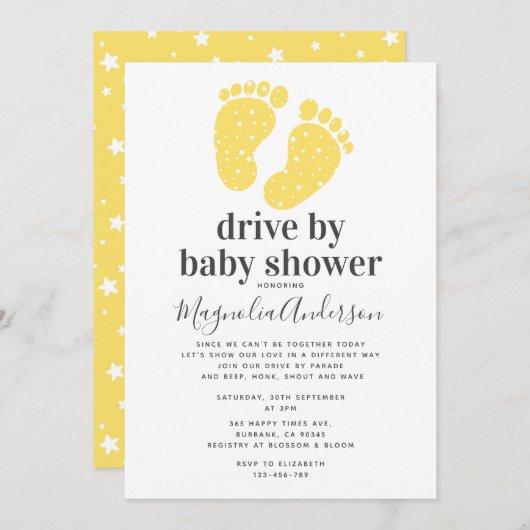 Invitation Jaune Bébé Pieds Drive Par Baby shower (Devant / Derrière)